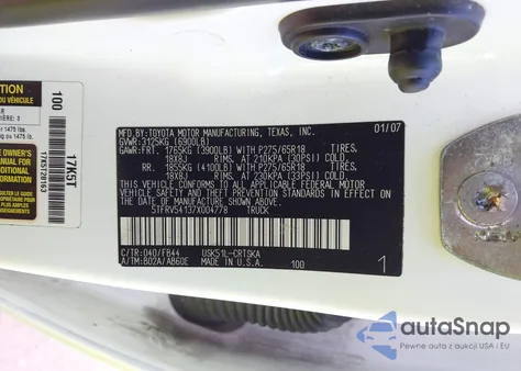 2007 Toyota Tundra Sr5 V8 из США, поврежденный, VIN 5TFRV54137X004778